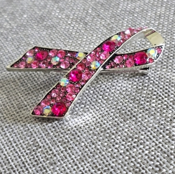 Breast Cancer Awareness Pink Silver Crystal Rhinestone Brooch Pin Lapel Scarf - Picture 2 of 2